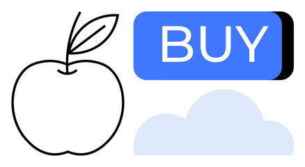 Apple outline, large blue buy button, and cloud icon blend modern technology with traditional elements. Ideal for e-commerce, online shopping, digital markets, health apps, technology, education