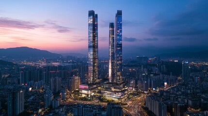 Fototapeta premium Illuminated twin skyscrapers at dusk in urban cityscape.