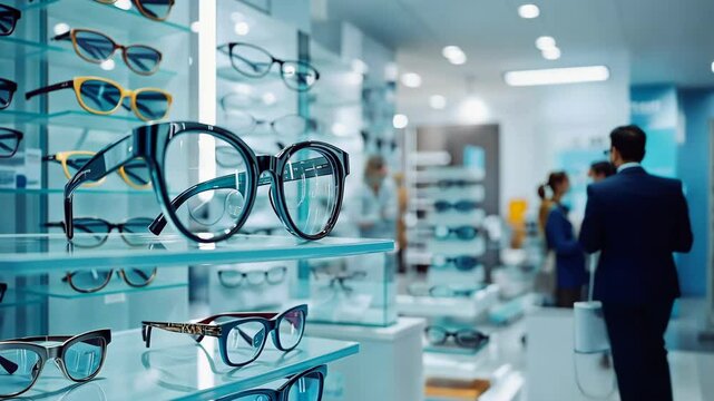 Various eyeglasses displayed on shelves in optical store with customers shopping in background