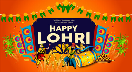 vector illustration of Happy Lohri holiday festival of Punjab India with beautiful background
