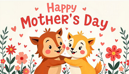 Adorable cartoon animals hugging with "Happy Mother's Day" text surrounded by flowers