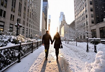 Couple Walking Through Winter Cityscape in Snowy Urban Environment During Sunset