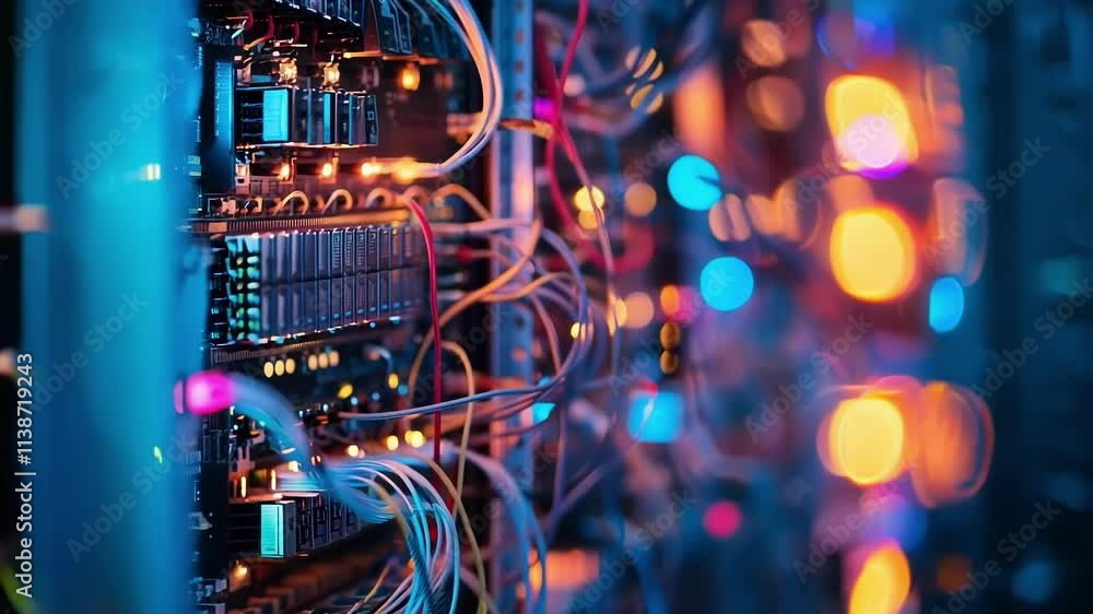 Poster many network cables are plugged into a server rack with blinking led lights. the background is out o