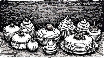 cupcake, cake, dessert, food, sweet, baking, cupcakes, baked, cream, frosting, delicious, cakes, decorated, pastry, birthday, cookie, biscuit, sugar, black and white, decoration, picture
