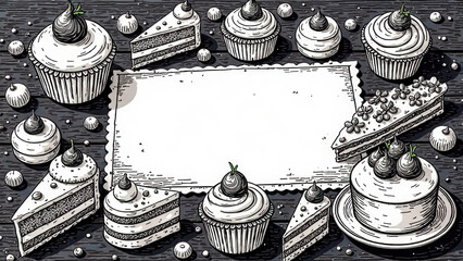 cupcake, cake, dessert, food, sweet, baking, cupcakes, baked, cream, frosting, delicious, cakes, decorated, pastry, birthday, cookie, biscuit, sugar, black and white, decoration, picture