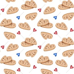 Seamless pattern with watercolor heart shaped cookies and red and blue lollipops on a  white background. Perfect for textile, fabric, wrapping, designing a recipe book, background, wallpaper, backdrop