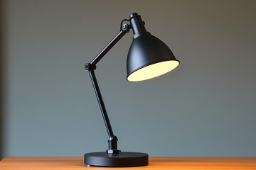 Elegant black desk lamp illuminating a wooden surface in a minimalist workspace setting