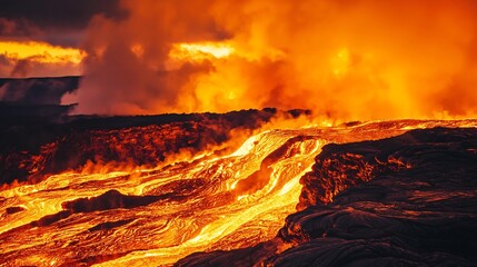 Fototapeta premium Volcanic Terrain with Narrow Cliffs and Molten Lava Flow Eruption