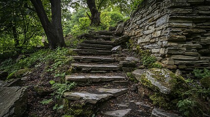 Weathered Stone Steps Leading Through Lush Forest Ruins