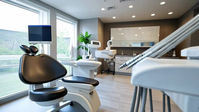 Modern and clean dentist's office with equipment, chair, and medical devices, all set for patients