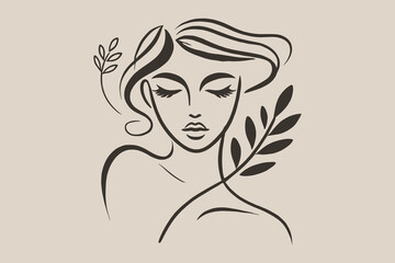  Minimalist line art portrait of a woman with flowers in black ink, logo, print, icon