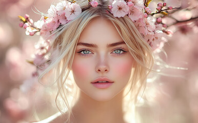 Fototapeta premium A beautiful blonde woman with a floral crown poses amid blooming cherry blossoms, soft pastel colors, and dreamy springtime vibes, with delicate details and natural light.