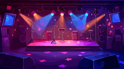 Karaoke bar stage. Microphones stands for singers on scene with neon lights, nightclub inside room hall cartoon interior night pub disco club indoor background vector illustration