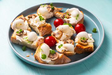 Mini toast with cottage cheese, quail eggs, cherry tomatoes, mushrooms and microgreens on a blue plate