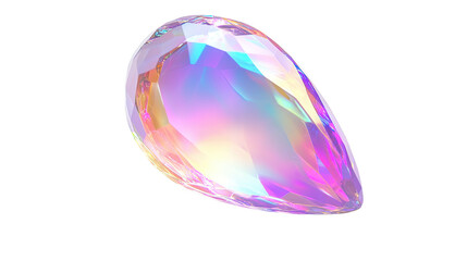 An iridescent opal gemstone, shaped like a teardrop, shimmers isolated on transparent white background