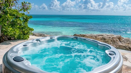 Oceanfront hot tub with bubbling water.
