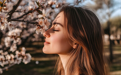 A serene woman in her late thirties with long brown hair enjoys the scent of blooming almond trees, surrounded by white and pink blossoms in a tranquil orchard.