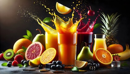 glasses of fresh fruit juice, liquid beverage splashes around, dark background