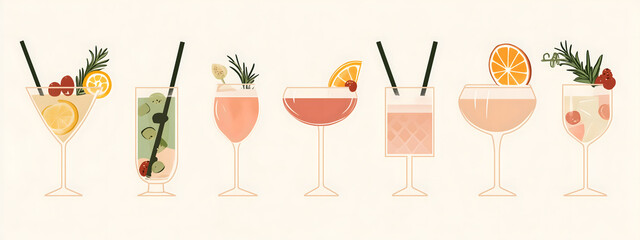 Illustration of assorted cocktails with elegant garnishes. Colorful cocktail set. Minimalist vector banner featuring classic cocktails. Stylized and modern drink menu artwork for events and parties.