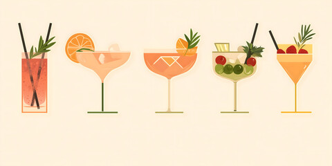 Illustration of assorted cocktails with elegant garnishes. Colorful cocktail set. Minimalist vector banner featuring classic cocktails. Stylized and modern drink menu artwork for events and parties.