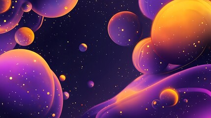 Fototapeta premium Abstract cosmic art: vibrant purple and orange spheres float in a dark space, shimmering with golden dust.