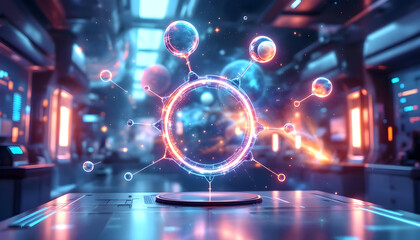 Obraz premium Futuristic Molecular Structure Hologram in a High Tech Laboratory Setting