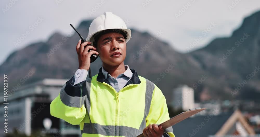 Poster listening, radio and woman with clipboard, engineering and schedule for project. building developmen