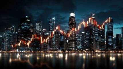 Bright lines illustrate stock market trends amidst a bustling city skyline, capturing the atmosphere of trading chaos and financial activity at night