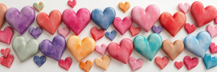 Fototapeta premium Vibrant watercolor hearts in assorted colors, perfect for Valentine's Day or romantic designs, summer, background