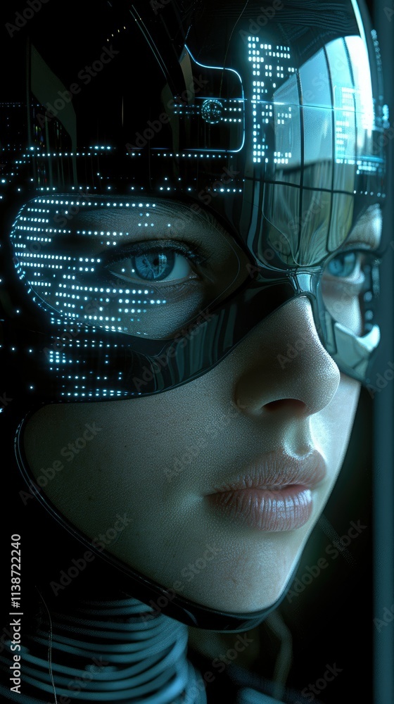Aufkleber a close-up of a futuristic masked figure with digital elements and a focused expression.
