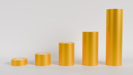 Stacks of gold coins growing in height, symbolizing financial success and prosperity. Perfect for business presentations, financial reports and projects that seek to convey a message of growth.