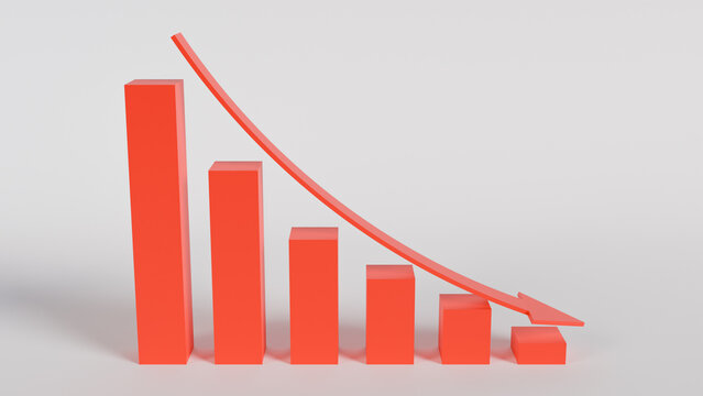 Illustration of a 3D bar graph with descending arrow, representing degrowth and crisis. The color red conveys urgency and alertness. Perfect for business presentations and financial reports.