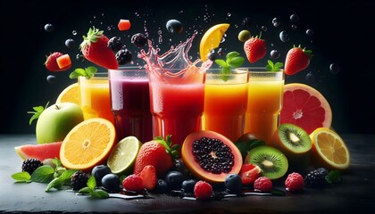 glasses of fresh fruit juice, liquid beverage splashes around, dark background