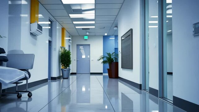 Blurred image of patients sitting and waiting in a modern dental office hospital corridor with bright lights and a plant