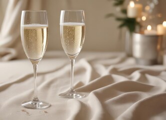 Elegant champagne flute, bubbles rising on linen tablecloth,  setting,  table,  sophisticated
