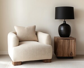 A retro-inspired modern living room showcasing an armchair, a square wooden side table, and a black lamp set against a clean white wall