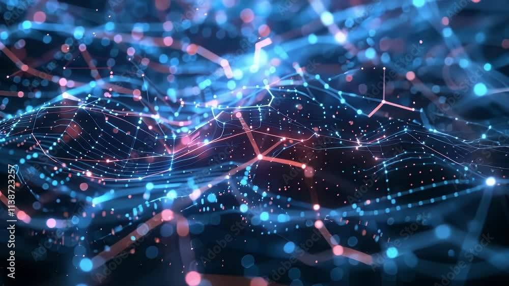 Poster complex network of interconnected nodes and lines creating a dynamic, flowing landscape, symbolizing