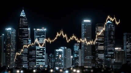 Obraz premium Bright lines illustrate stock market trends amidst a bustling city skyline, capturing the atmosphere of trading chaos and financial activity at night