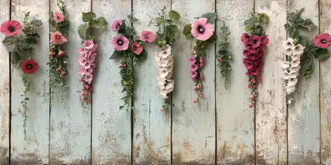 Wall flower art weathered wooden fence floral wallpaper rustic ambiance close-up view nature's beauty
