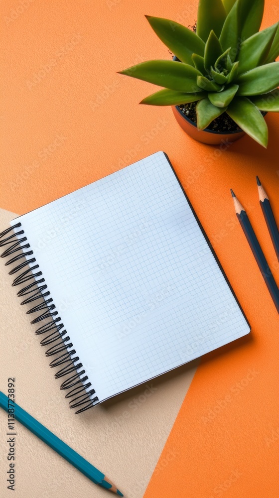 Poster creative workspace with blank notebook and greenery on orange background