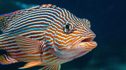 Obraz premium Striped Reef Fish Underwater Closeup Portrait