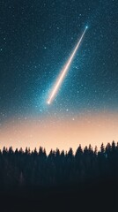 Naklejka premium A stunning night sky showcases a bright meteor streaking above a silhouette of trees, creating a mesmerizing celestial scene.