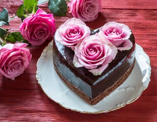 Heart-Shaped Chocolate Cake with Pink Roses and a Romantic Red Background