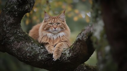 Orange cat rests on a branch with trees behind it.