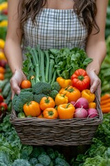 Fototapeta premium Freshly harvested organic vegetables in a woven basket held by a person in casual attire