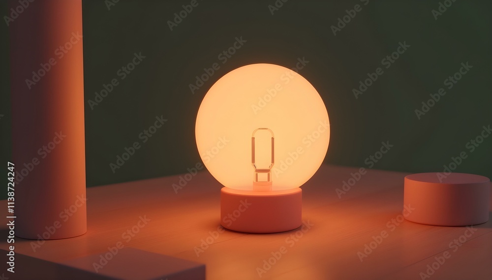 Wall mural 3D render of a light bulb with a glowing filament, placed on a wooden table, casting a soft light on the surface create with ai