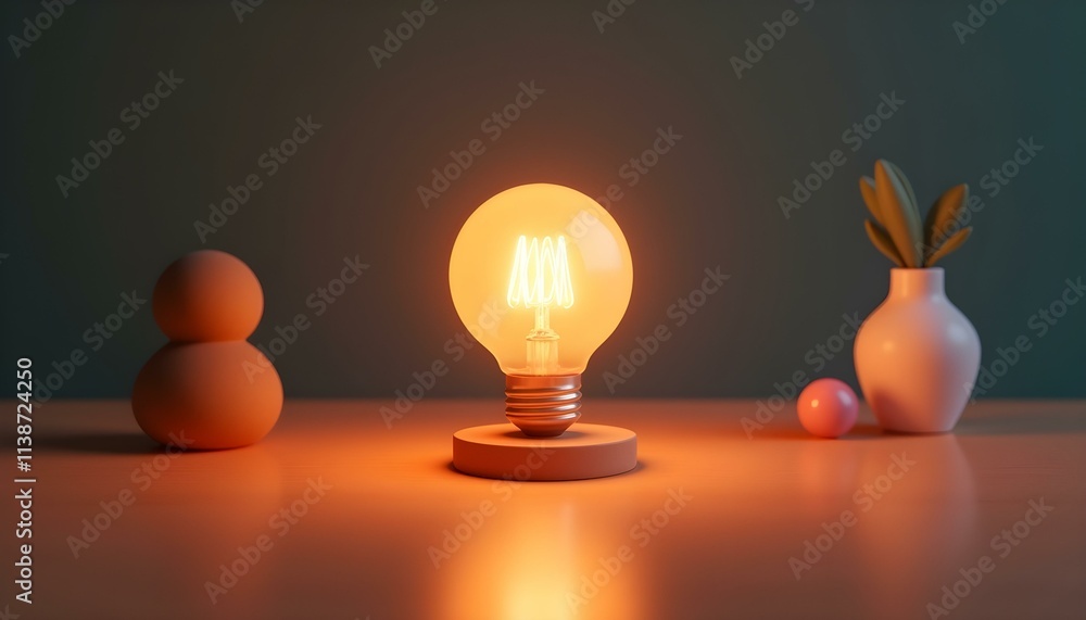 Wall mural 3D render of a light bulb with a glowing filament, placed on a wooden table, casting a soft light on the surface, surrounded by shadows create with ai