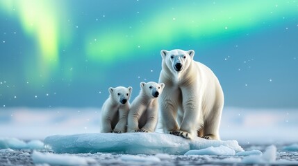 A stunning scene of a polar bear and her two cubs on an ice floe, illuminated by the mesmerizing northern lights in a snowy landscape.