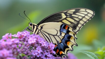 Fototapeta premium Close-up of a swallowtail butterfly feeding on purple flowers.