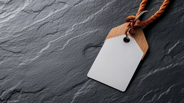 Blank name tag mockup template with lanyard on a textured grey surface for design presentations and branding projects